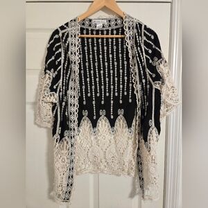 London Kaye black beige crochet kimono open front cover up One Size